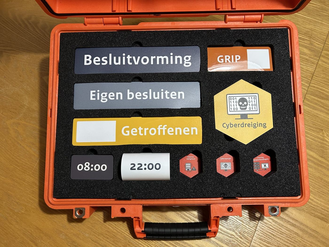 Geopende oranje koffer met de BOB-titels, GRIP, tijden, getroffenen en zeshoekige magneten
