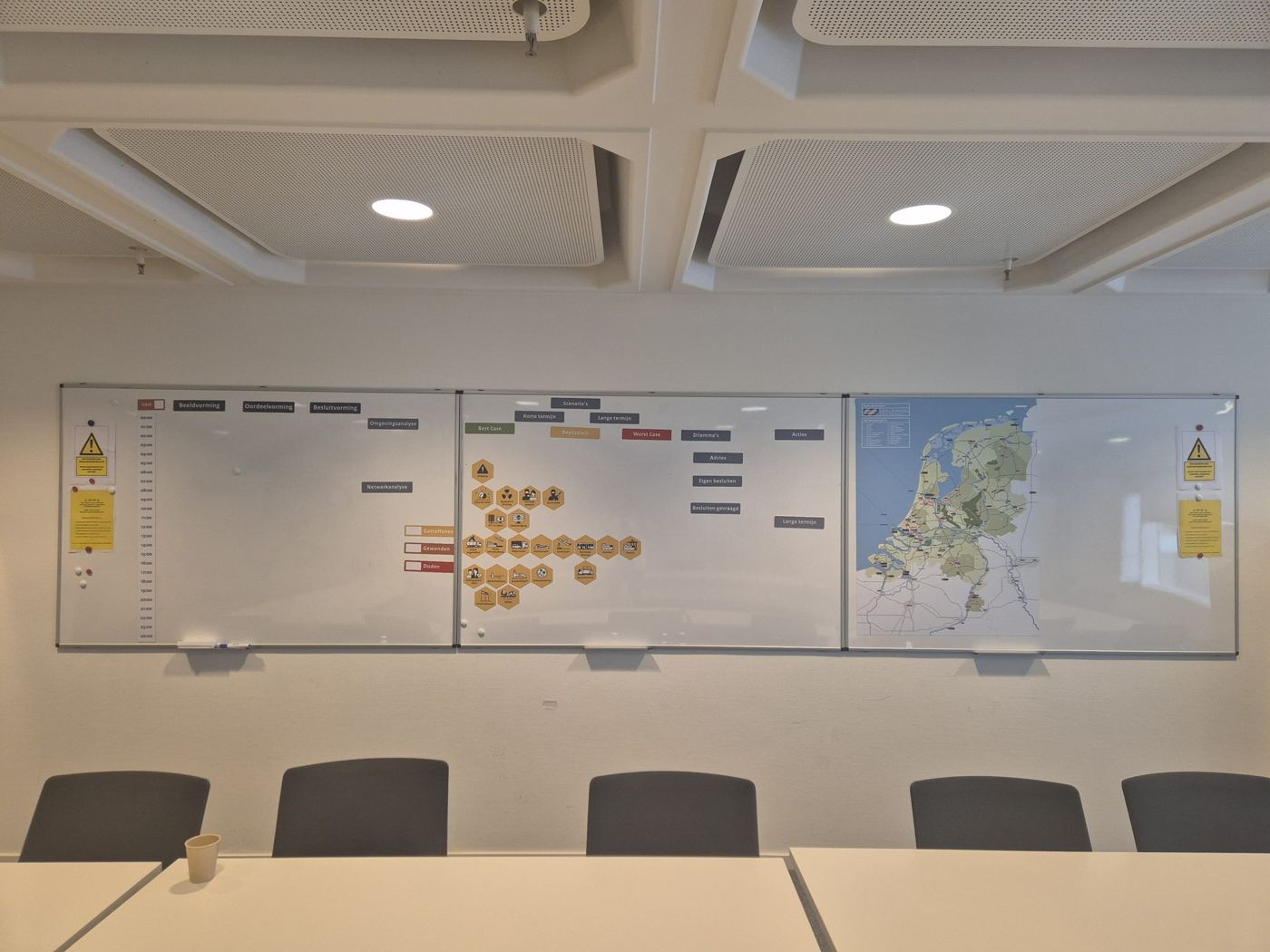 Whiteboards met BOB-titels, magneten en een regiokaart