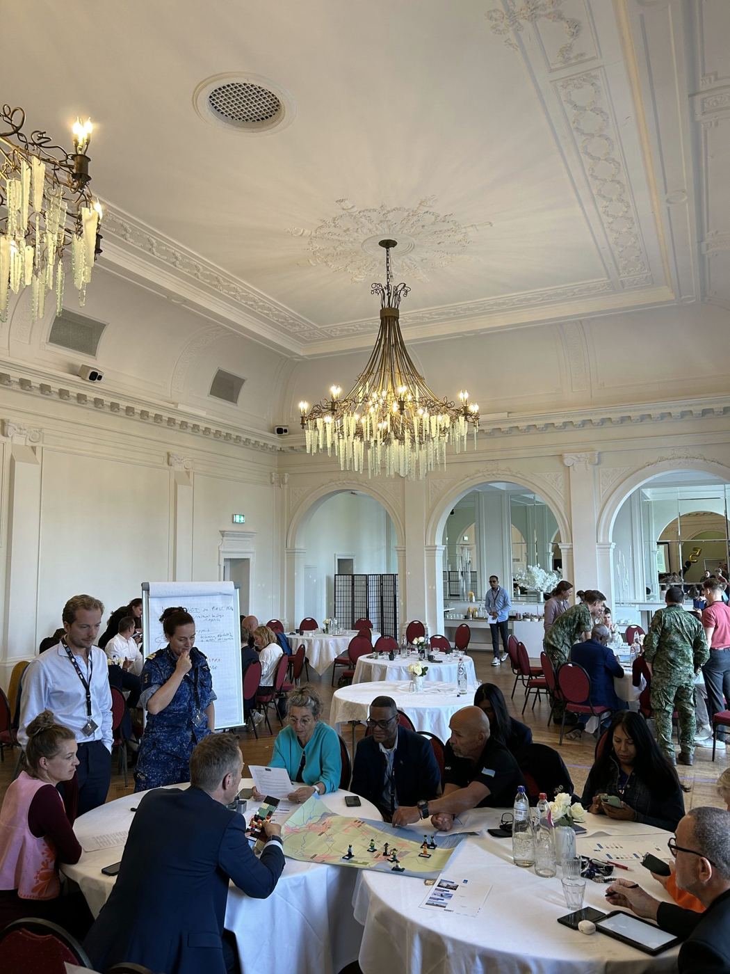Volle zaal met teams aan ronde tafels tijdens de oefening