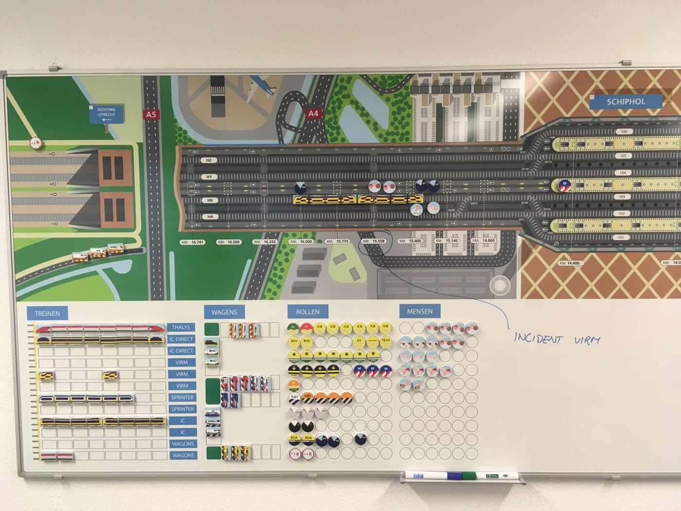 Volledig whiteboard met plattegrond en statuskolommen